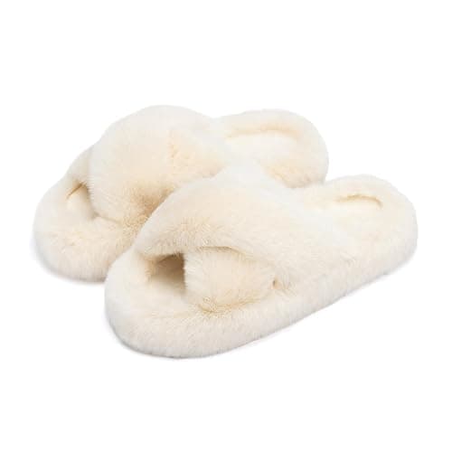ROOM | Amazon | Chantomoo Women's Slippers Memory Foam House Bedroom Slippers for Women Fuzzy Plush Comfy Faux Fur Lined Slide Shoes Anti-Skid Sole Trendy Gift Slippers - 7-8 - Beige Cross - Image 1