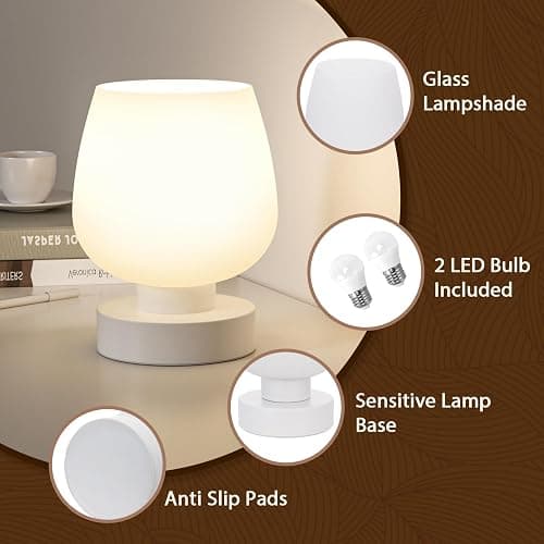 Touch Bedside Table Lamp Set of 2 - Small Bedside Lamp for Bedroom Living Room Night Stands, Desk Lamp with White Glass Shade for Small Spaces, 3 Way Dimmable, LED Bulbs, Gifts thumbnail 8