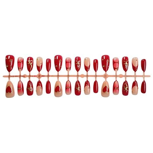 Auroriel 24 Stück Medium Almond Press on Nails Rot mit 3D Gold Schleife Herz Designs French Tip Wiederverwendbare Acrylic Fake Nails Full Cover Glitzersteine für Frauen Neujahr Party thumbnail 6