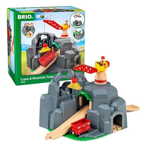 BRIO World - 33889 Crane & Mountain Tunnel | 7 Piece Toy Train Accessory for Kids | Interactive Play | FSC Certified Wood | Perfect for Ages 3 and Up - Image 1