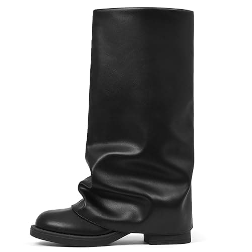 femflame Women's Fold Over Boots Slouchy Wide Calf Pleated Platform Black Boots Round Toe Chunky Stacked Riding Biker Boots Mid Calf Boots - Image 1