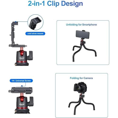 ULANZI Camera Tripod, Mini Flexible Stand w Hidden Phone Holder w Cold Shoe Mount, 1/4'' Screw f Magic Arm, Universal f iPhone 17 16 15 14 Pro Max XS Max X Samsung Canon Nikon Sony DJ Pocket 3 Cameras thumbnail 2