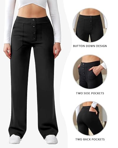 JEKAOYI Womens Casual High Waist Straight Leg Pants Stretchy Button Business Dress Work Pocket Trousers thumbnail 4