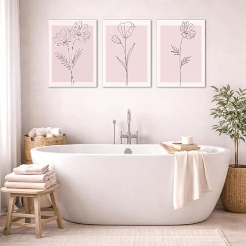 Pink Flower Wall Art Set of 3 Framed, Blush Pink Floral Canvas Wall Decor Pictures, Minimalist Botanical Line Art Prints for Girls Bedroom Teen Room Living Room Aesthetic 12x16 Inch thumbnail 3