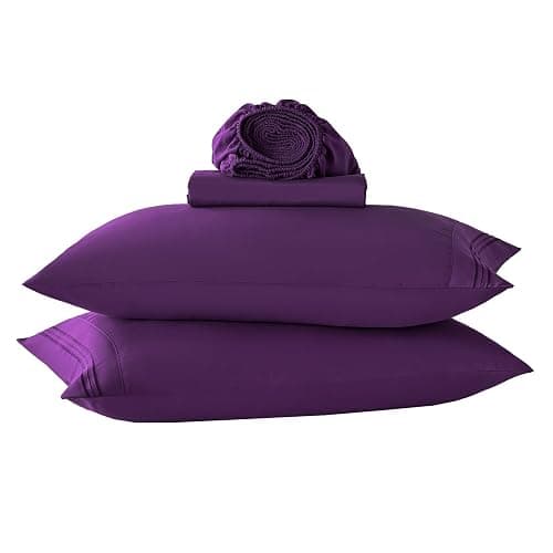 Yibeizi Dark Purple College Dorm Sheets Twin XL Set-Microfiber Bedding Sheet & Pillowcase Sets-Deep Pockets Fitted Bedsheet-Extra Long Adjustable Bed Sheets 3 Piece - Dark Purple - Twin XL - Image 1