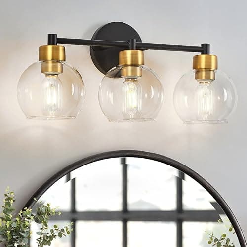 diniluse Black and Gold Bathroom Light Fixtures, 3 Lights Bathroom Vanity Light Round,Vanity Lights with Clear Globe Glass Shades, Wall Sconce for Mirror, Bedroom, Living Room, Kitchen - Gold - 3-Light - Image 1