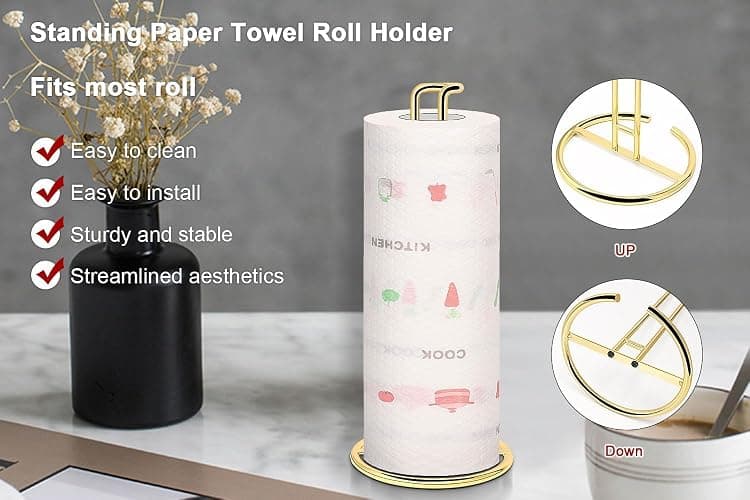 NearMoon Paper Towel Holder, Sturdy Paper Towel Stand Dispenser-All Metal, Standard or Jumbo-Sized for Kitchen Countertop, Farmhouse, Living Room (1 Pack, Gold) thumbnail 4