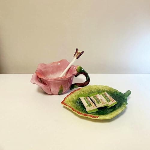 Minigift Ceramic Tea Cup and Saucer Set ，6OZ 3D Hand-Painted Flower and Lotus Leaf Coffee Mug，Gift for Women- Dark Pink Rose thumbnail 4