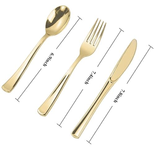N9R 300PCS Gold Plastic Silverware, Disposable Plastic Cutlery/Utensils | Heavy Duty Flatware, 100 Forks, 100 Spoons, 100 Knives, for Party, Wedding & Everyday Use thumbnail 3