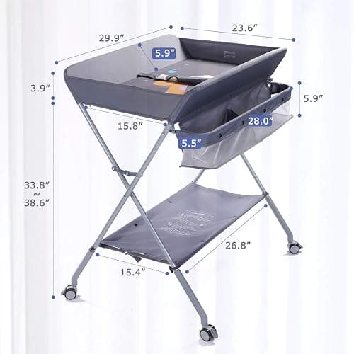 EGREE Baby Changing Table Portable Folding Diaper Changing Station with Wheels, Adjustable Height Mobile Nursery Organizer with Safety Belt and Large Storage Racks for Newborn Baby and Infant, Gray thumbnail 2