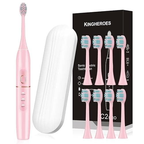 kingheroes Electric Toothbrush Set, Comes with 8 Brush Heads & Travel Case,4 Modes with 2 Minutes Built in Smart Timer, One Charge for 60 Days, 42000 VPM Motor (Pink) - Image 1