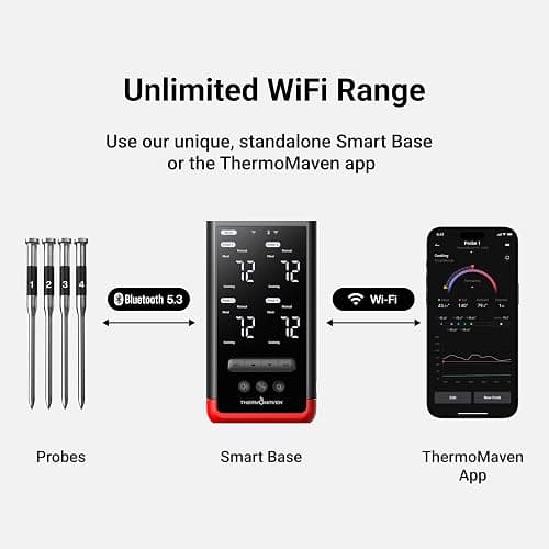 ThermoMaven Smart Bluetooth Wireless Meat Thermometer: Standalone Base, WiFi Unlimited Range, 6 Sensors with NIST Certified Accuracy, 4 Probes for Kitchen, BBQ, Grill, Oven, Smoker, Rotisserie thumbnail 4