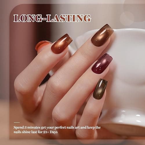 RARJSM Cat Eye Gel Nail Polish Set 6Pcs Dark Amber Ceramics Glitter Plum Purple Orange Brown Burgundy Red Deep Olive Green Jelly Glassy Cateye Gel Polish with Magnetic Stick Curing Require Home Salon thumbnail 2