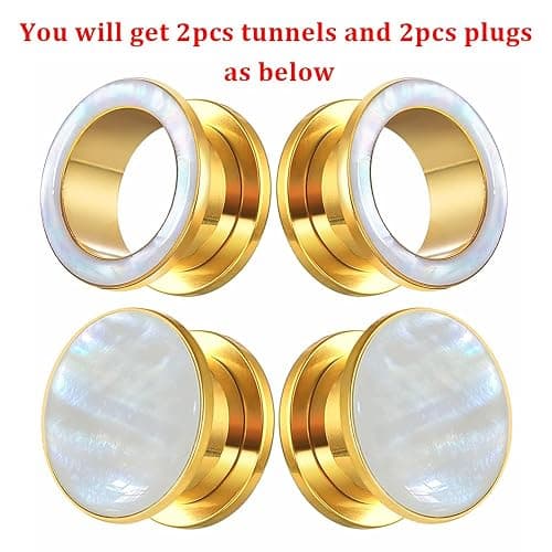 BOKABOO 2 Pairs White Pearl Shell Stainless Steel Ear Gauges Plugs and Tunnels, Size 2g - 1 inch Hypoallergenic Surgical Steel Ear Stretcher Expander Body Jewelry thumbnail 2