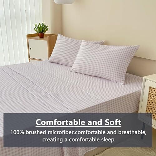NSNLGSGC Pink Gingham Queen Sheet Set, Soft Brushed Microfiber Plaid Queen Bed Sheets, 4-Pieces Grid Sheet Set with Deep Pocket thumbnail 4