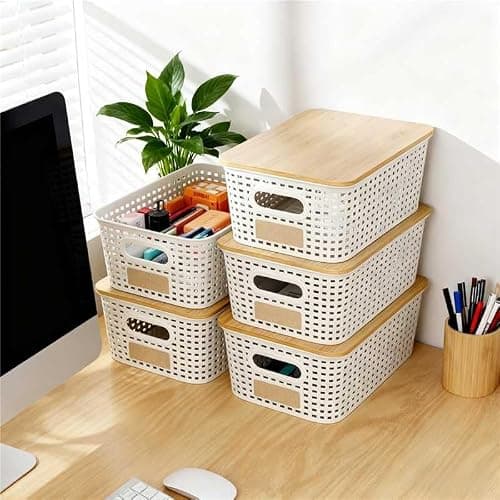 Plastic Storage Bins with Bamboo Lid - Plastic Storage Baskets with Lid - Stackable Container with Lable for Organizing: Small Storage Box for Shelves Office Cabinet Drawer ,10x7.2x4 In - White 6 Pcs thumbnail 2