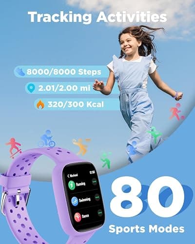 BIGGERFIVE Smart Watch for Kids No APP No Phone Needed, 1.8" Fitness Tracker Watch Pedometer, Heart Rate, Sleep Monitor, IP68 Waterproof, Step Counter, Puzzle Games for Girls Teens 5-16, Lilac thumbnail 3