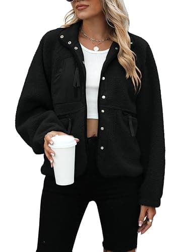 Yanekop Womens Fleece Jacket Fuzzy Long Sleeve Short Winter Coats Button Down Sherpa Jacket Outerwear with Pockets - Image 1