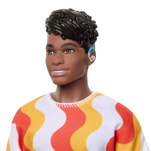 Barbie Fashionistas Ken Doll #220 with Behind-the-Ear Hearing Aids & Broad Body Wearing a Removable Orange Patterned Shirt, Shorts & Jelly Sandals thumbnail 4