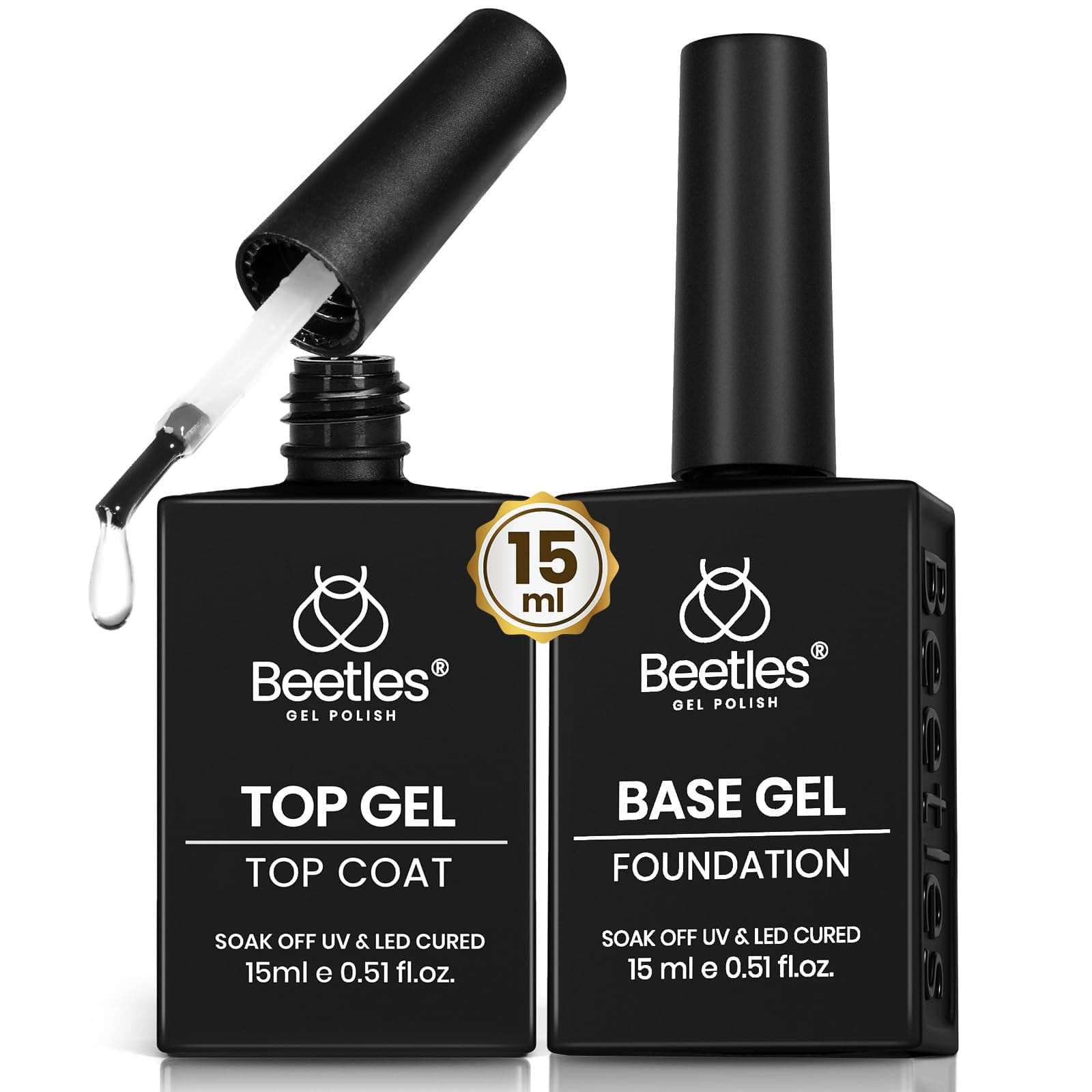 Beetles No Wipe Gel Top Coat and Base Coat Set for Gel Nail Polish - 2Pcs 15ml Super Shiny and Long Lasting Soak Off UV/LED Lamp Nail Art Design Gift 0-0-gel base and top coat - Image 1