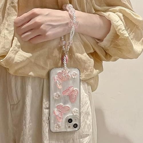 Changjia for iPhone 17e/16e Glitter Butterfly Case,Cute Girly 3D Flower Floral Crystal Pearl Bling Sparkle with Wrist Strap Chain Soft TPU Aesthetic Women Girls Phone Case for iPhone 17e/16e 6.1",Pink thumbnail 3