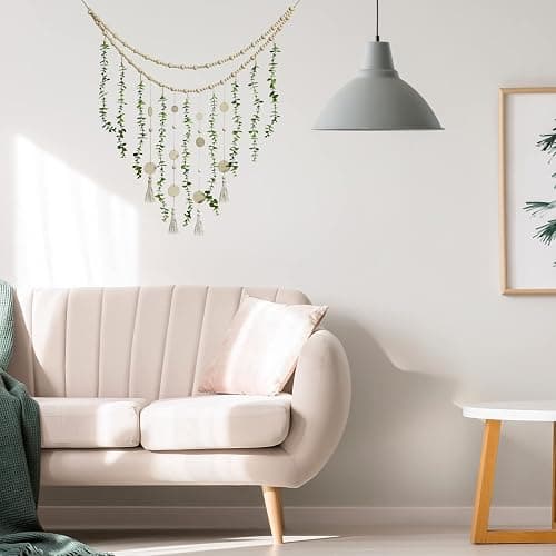 Hanging Eucalyptus Boho Wall Decor Large Boho Bedroom Wall Hanging Wooden Bead Garland Artificial Eucalyptus Natural Greenery Decoration, 36 x 36 Inch (Simple Color, Wood Chip Style) thumbnail 6