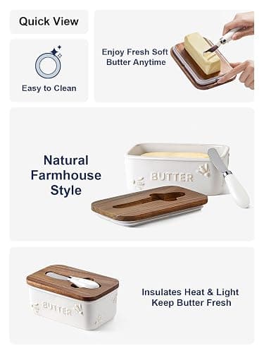 LE TAUCI Butter Dish with Lid for Countertop, Ceramic Butter Container, Embossed Butter Keeper with Acacia Wood lid, Knife, and Airtight Cover, Farmhouse Decor - Set of 1, Arctic White, Bee Pattern thumbnail 5