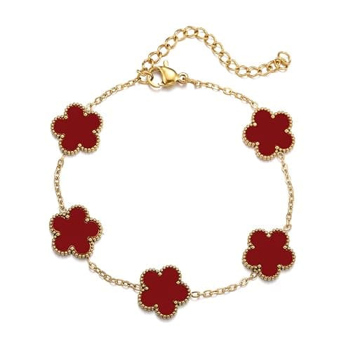 RWQIAN Gold Plated Five Leaf Lucky Clover Bracelets for Women,White/Black/Red/Green/Blue/Pink Clover Link Flower Charm Bracelets,Adjustable Clover Bracelet Chain Jewelry Gifts Trendy for Birthday - Image 1