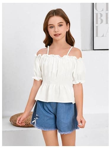 WDIRARA Girls Cold Shoulder Top Cute Ruffle Trim Puff Sleeve Shirt Casual School Holiday Peplum Blouse thumbnail 4