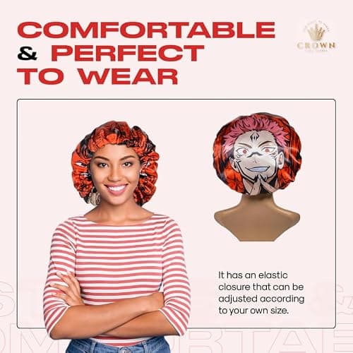Anime Bonnet with Elastic Soft Band Adjustable Women and Men Silky Bonnets for Sleeping Comfortable Satin Fabric, Red Skna thumbnail 4