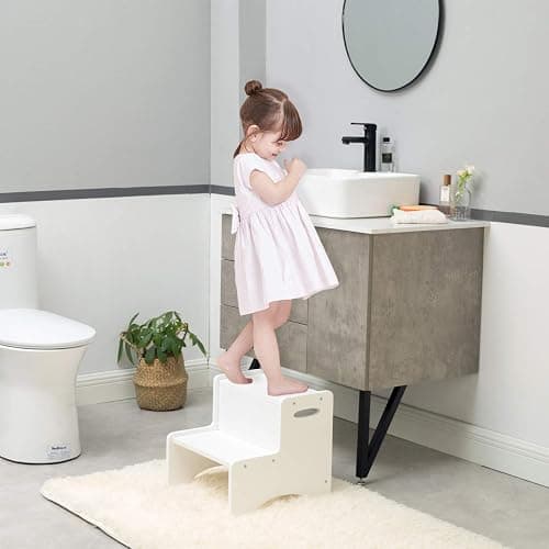 WOOD CITY Toddler Step Stool, Wooden 2 Step Stools for Bathroom Sink Potty Training Kitchen Dual Height Stool Helper for Kids Bonus Non-Slip Pads and Handles for Safety (White) thumbnail 5