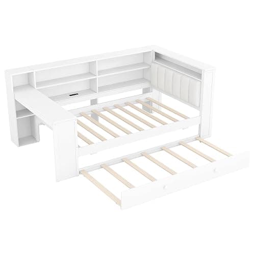 Merax Multifunctional Twin Size Daybed with Trundle, Built-in Desk, Wood Corner Bed with 8 Storage Shelves, Charging Station, and Upholstered Headboard, Beige + White thumbnail 7