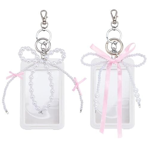 EVERJOYCRAFT 2 Sets Photocard Holder with Pearl Bow Cute Badge Holders | for 3.35"×2.07" Cards Decorative Protective Hard Acrylic Transparent Photocard Bus ID Bank Idol Card Case Keychain Bag Charm - Image 1