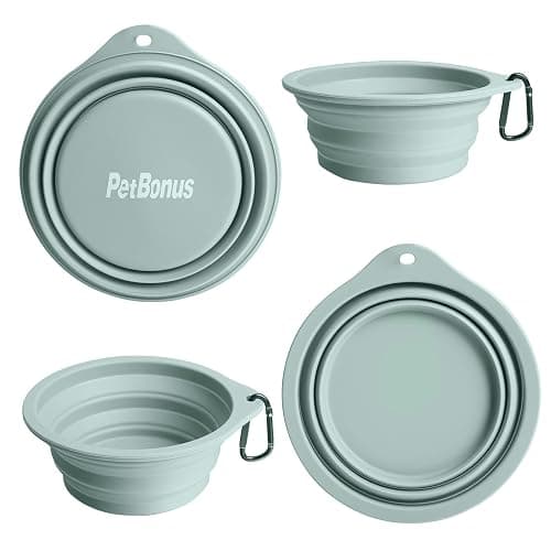 PetBonus 2-Pack Silicone Collapsible Dog Bowls, BPA Free Dishwasher Safe, Portable Foldable Expandable Travel Bowl, Food Water Feeding Cup Dish for Dogs Cats with 2 Carabiners (Turquoise, Tan) thumbnail 2