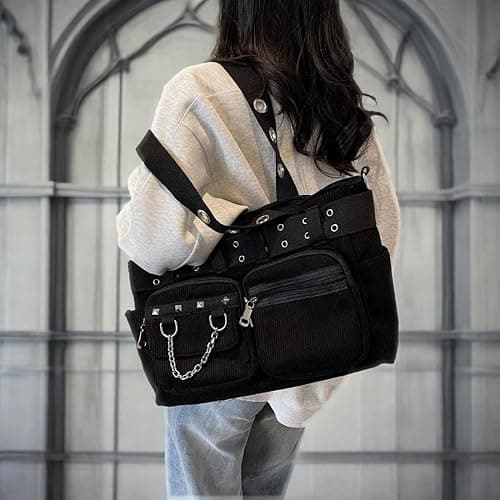 Ecohaso Tote Bag for Women, Corduroy Gothic Purse Goth Bag with Zipper for College, Work, Travel, Gym thumbnail 2