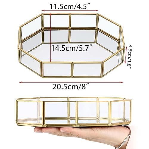 Hipiwe Mirror Glass Vanity Tray - Gold Ornate Makeup Vintage Octagonal Perfume Dresser Jewelry Trinket Organizer for Bathroom Storage Home Decor - 8" x 5.7" x 1.8" thumbnail 5