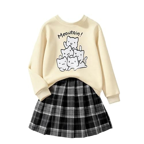 Asbabiy Girls 2 Piece Outfits casual Pullover Sweatshirt and retro plaid skirt Set 7-13 Years - Image 1