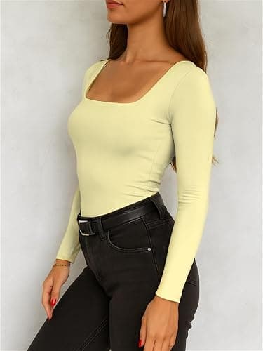 ForeFair Women Square Neck Long Sleeve Going Out Tops Tight Double Lined Basic Tees Shirt thumbnail 4
