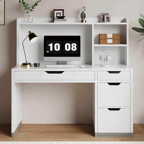 MaverickFurni White Desk with Hutch and Drawers, 53 Inch Computer Desk with Storage File Drawer, White Study Desk with 4 Drawers for Bedroom, Small Space - Image 1