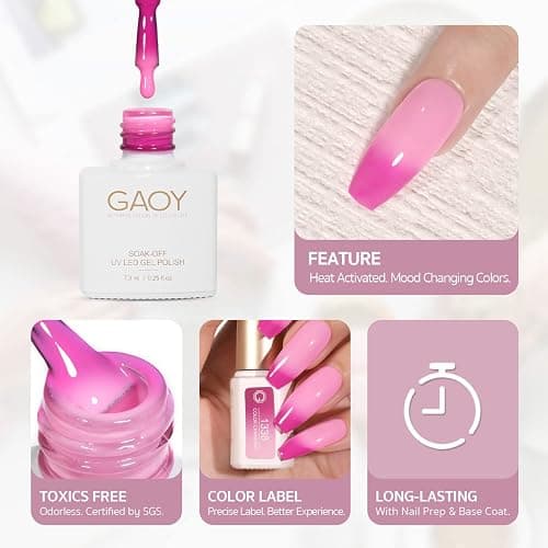 GAOY Color Changing Gel Nail Polish Set, 6 Temperature Mood Changing Colors Red Pink Purple, Soak Off UV Light Cure Gel Polish for Salon and Nail Art DIY at Home thumbnail 6
