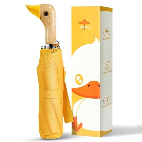 LEAGERA Compact Small Umbrellas for Rain&Sun, Cute Design Duck Head Umbrella for Girls Gifts, 8 Ribs Folding Umbrella with Wooden Handle - Image 1