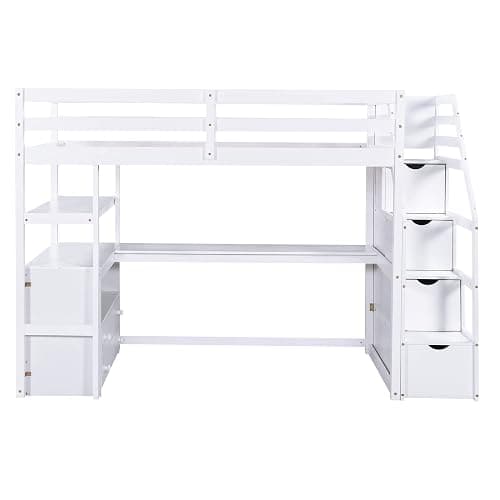 Harper & Bright Designs Twin Size Loft Bed with Desk Staircase and Storage Drawers, Solid Wood Loft Bed Frame with Shelves for Kids Adults Teens, White thumbnail 7