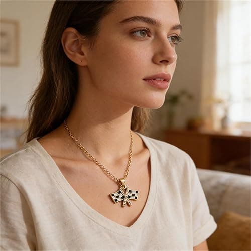 QLYOVWE Checkered Racing Flag Pendant Necklace for Women and Racing Fans Black and White Enamel Crystal Necklace Gold Fashion Jewelry Gifts thumbnail 2