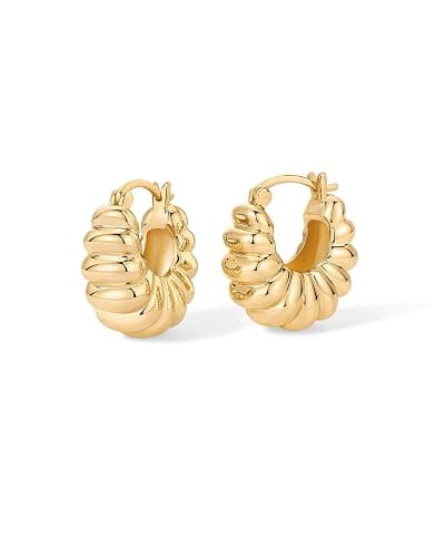 PAVOI 14K Gold Plated Ribbed Hoop Earrings for Women, Chunky Ridged Earring | Chunky Ridge Statement Earrings - Boho Puffy Croissant Huggie Hoops Trendy Gold Jewelry thumbnail 4