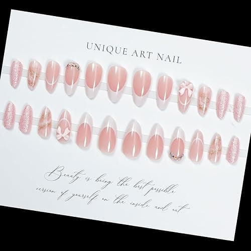 LPOODDNU Almond French Tip Press on Nails - Medium Pink Fake Nails with 3D Bow Diamond Glitter Designs, Glossy Finished Reusable False Nails with Glue Tabs - 24Pcs Nail Kit for Women Manicure thumbnail 2
