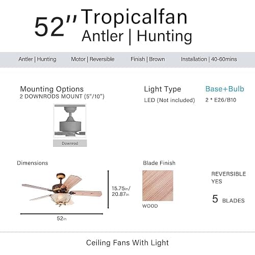 Morpholife Antler Rustic Ceiling Fan with Lights and Remote, Modern Chandelier Fan Light, Indoor Cabin Electrical Fan with 5 Wood Blades for Hunting, Farmhouse, Bedroom, Living Room (52", Red Bronze) thumbnail 4