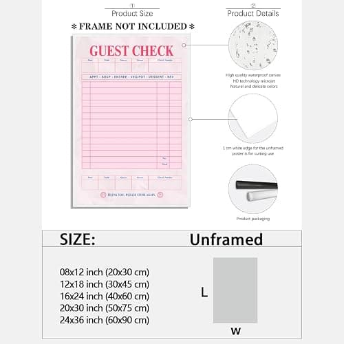 Pink Blank Guest Check Poster Trendy Retro Art Print Vintage Style Wall Art Aesthetic Preppy Art Canvas Posters for College dorm Apartment Decor 12x18inch Unframed thumbnail 2
