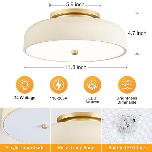 ONESMING Dimmable LED Ceiling Light Fixture, 2700K-6000K 5CCT Modern Mid-Century Semi Flush Mount Ceiling Light, Cream White Close to Ceiling Lamp for Kitchen, Laundry Room, Bedroom, Hallway, 11.8in thumbnail 4