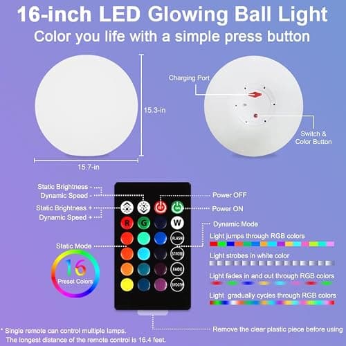 16 In Cordless LED Glowing Ball Light, LED Globe Orb Night Light w/Remote,16RGB Color Changing Waterproof Light Up Ball Rechargeable Indoor/Outdoor Mood Lamp for Nursery Garden Patio Party Bar Decor. | BALMOST RGB Color Changing Light Up Ball w/Remote, Rechargeable Orb Lamp Waterproof Globe Floor Lamp for Bedroom Garden Patio thumbnail 9