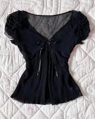 Grunge Emo Goth Shirts Y2k Lace Bow Coquette Babydoll Tops Women Vintage Graphic Tee 2000s Summer Crop Tops thumbnail 2